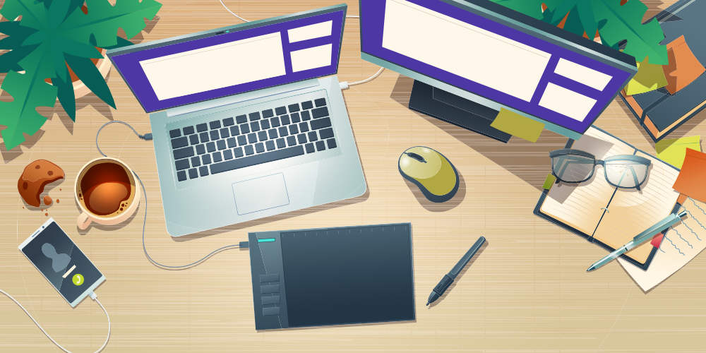 Grafik: Laptop mit externem Monitor und Tablet auf Schreibtisch